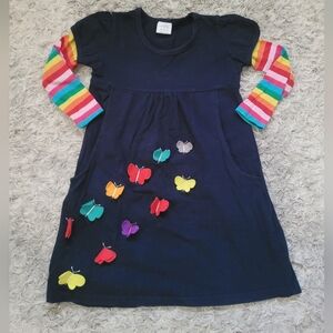 Navy Blue Kids Dress with Rainbow Sleeves and Butterfly Accents
